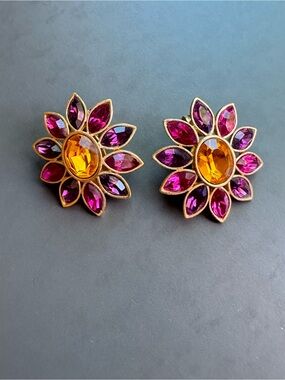 Vintage Yves Saint Laurent YSL Floral Clip On Earrings Pink Yellow Rhinestone